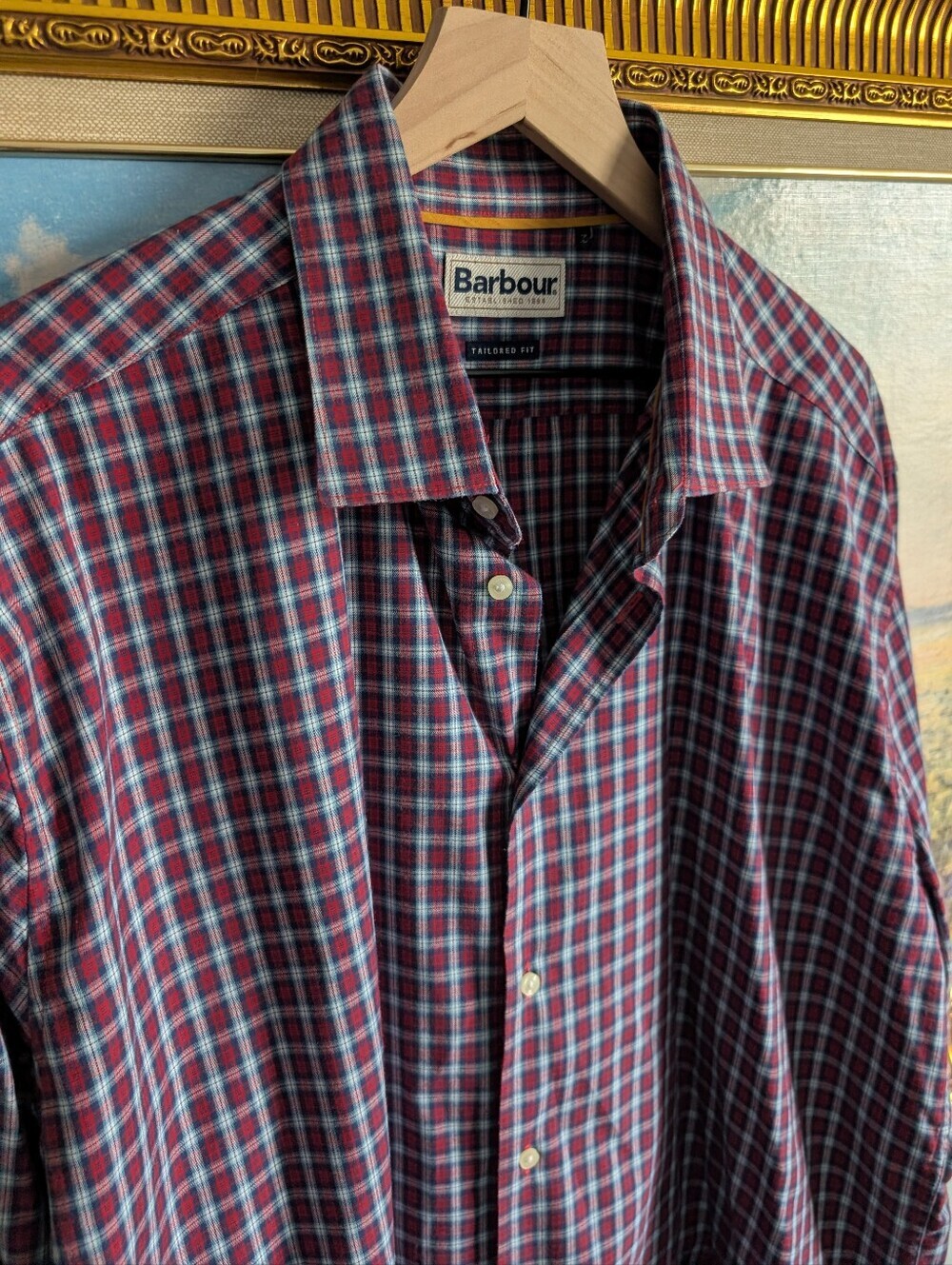NWOT Barbour Burgundy and Blue Check Button-Down Shirt